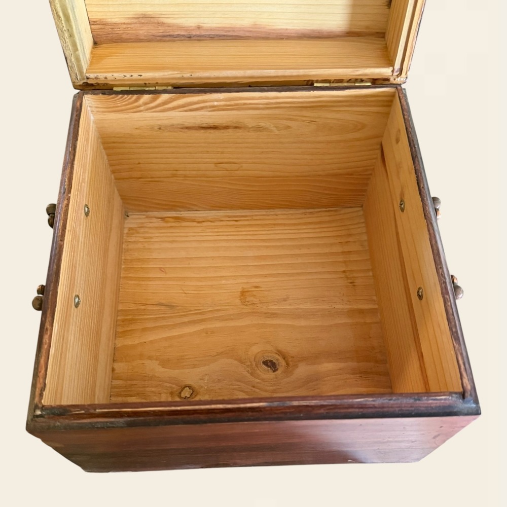 Vintage Rustic Wood Storage Box Hinged Lid Brass Handles Brown Square 9x9x6.75 - Picture 4 of 9